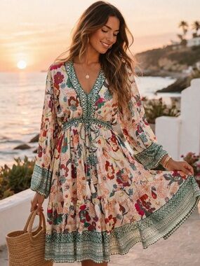 NEW Kaktus Floral Boho Mini Dress Cotton Tiered Tassel V-Neck Peasant NWT Large